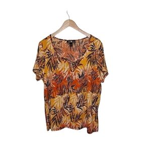 80‎ Park Women's Size 2X Top Orange Tropical Print Metal Circle Detail Short Slv